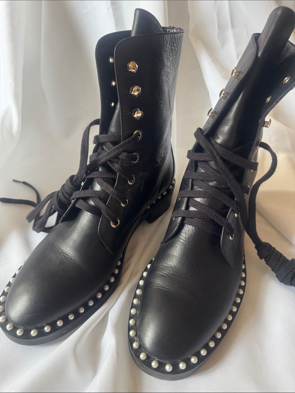 Stuart Weitzman Black Leather Combat Boots with Pearl Studs